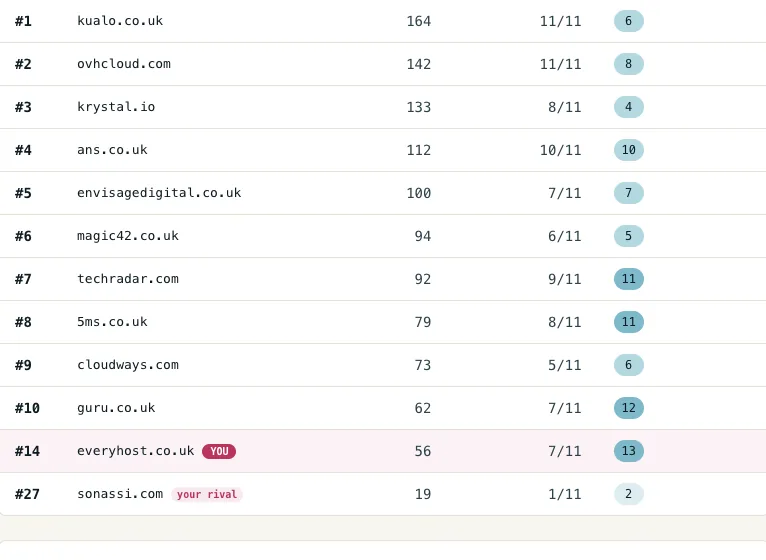 The Competitors standings table, ranking rival domains by visibility points, how many of the tracked searches each appears on, and its average position.
