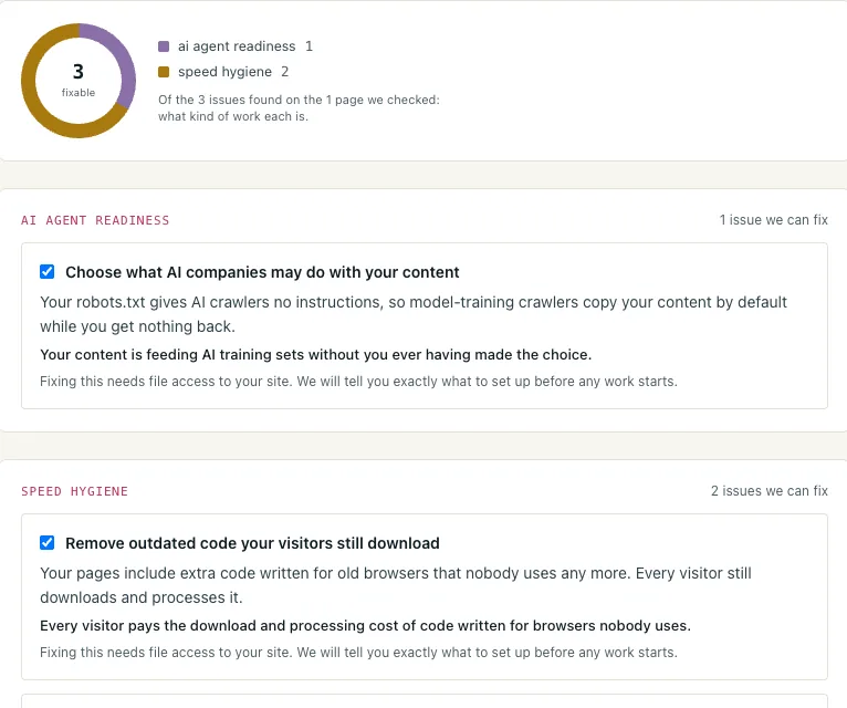 The Site fixes screen for sondavo.com, showing three fixable issues grouped into AI agent readiness and speed hygiene, each explaining what the fix involves.